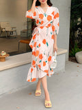 Stunning Floral Print Wrap Dress - Elegant Surplice Neckline, Ruffled Hem, Lantern Sleeves, Flowy Silhouette, Comfortable Wear, Women's Clothing