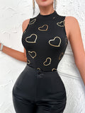 Heart Print Crew Neck Tank Top, Versatile Sleeveless Slim Summer Top, Women's Clothing