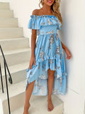 Floral Print Dipped Hem Dress, Vacation Off Shoulder Ruffle Trim Dress, Women's Clothing
