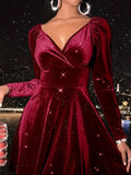 Women's Solid Velvet Surplice Neck Long Sleeve Dress, Casual Cinched Waist Fashion Clothing for Ladies