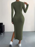 Zjkrl  -  Long Sleeve Bodycon Ribbed Knit Dress - Sexy Crew Neck Split Thigh Slim Fit with Mid Elasticity - Machine Washable Polyester Fabric for Fall/Winter Season