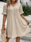 Plus Size Elegant V Neck Tunic Dress - Lace Stitching, Semi-Sheer, Slight Stretch, Solid Color, All-Season, Knit Fabric - Perfect for Spring & Summer, Womens Plus Size Clothing