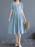 Zjkrl  -  Vibrant Color Crew Neck Chic Dress - Women's A-line Dresses with Short Sleeves, Cinched Waist, Minimalist Design for Spring & Summer, Elegant Casual Wear for Ladies