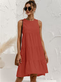 Zjkrl  -  Chic Solid Tiered Keyhole Back Tank Dress - Women's Vacation Sleeveless Crew Neck Loose Fit Dresses for Summer - Comfy Relaxed Style for Beach, Outdoor Activities