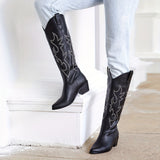 Western Cowboy Embroidery Women Knee High Boots Country Concert Disco Chunky Heel Pointed Toe Cowgirl Long Boots Vintage Retro Woman Shoes