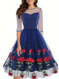 Vintage Chic Rose Embroidered Cocktail Dress - Fitted, Crew Neck, Tea-Length, 100% Polyester Knit Fabric, Elegant 50s Style, All-Season Wear, Embroidery Floral Pattern, High-Quality Stitching, Comfortable Fit, Ideal for Forma