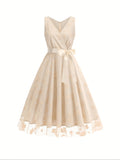 Stunning Floral Embroidered A-Line Tank Dress - Elegant Surplice Neck Sleeveless Party Dress for Women - Perfect for Banquet, Wedding, and Formal Occasions with Tie Waist Detail