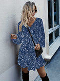 Ditsy Floral Print Dress, Elegant Ruffle Hem Drawstring Long Sleeve Dress, Women's Clothing