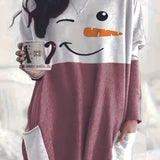 Zjkrl  -  Plus Size Christmas Dress - Adorable Festive Snowman Print Long Sleeve Round Neck Tee Dress with Convenient Pockets for Curvy Women