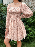 Long Sleeve Elegant Sweet Floral Print Square Neck Ruched Front A-line Mini Dress for Spring & Fall, Women's Clothing