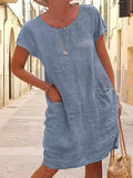 Vibrant Solid Color Crew Neck Dress - Women's Casual Short Sleeve Dresses for Spring & Summer - Comfortable, Breathable, Easy Care Clothing for Everyday Wear
