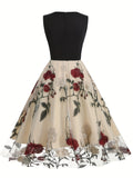 Adult Women's All-Season Vintage Floral Print Embroidered V-Neck Polyester Blouse Dress