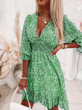 Women's Dresses Puff Sleeve Floral Print Ruched Waist V-Neck Boho Dresses