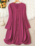 Stylish Plus Size V Neck Ribbed Dress - Plus Size Dresses for Fall & Winter - Long Sleeve, Button Front, Casual, Comfortable, and Flattering