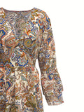 Vibrant Paisley Print V Neck A-Line Dress - Women's Elegant Vacation Dresses with Layered Sleeves