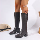 Stylish High-Knee Boots for Women - Comfortable Pull-On Chunky Heel Slim Boots with Back Zipper - Solid Color Minimalist Design for Everyday Wear