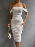 Elegant Off-The-Shoulder Ruched Bodycon Dress - High-Elasticity, Skin-Tight, Solid-Colored, Knit Fabric, Hand-Washable, Perfect for Party, Banquet, and Vacation - Womens All-Season Clothing