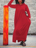 Plus Size Solid Long Sleeve Hooded Maxi Dress with Side Slit Pockets for Fall & Winter, Casual Women's Clothing