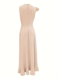 Sleeveless Deep V Neck Fit and Flare Maxi Dress - Elegant Solid Color Polyester Asymmetrical High Waist Dress for Women - Perfect for Summer Middle East Style Elegant Dressing