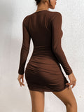 Cut Out Ruched Bodycon Dress, Party Wear Solid Long Sleeve Dress, Women's Clothing