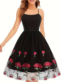 Vintage-Inspired Fitted Cocktail Dress - Elegant Spaghetti Strap, Floral Embroidery, Knit Fabric, Mesh Overlay, 100% Polyester, All-Season Wear, Embroidered, Fitted Silhouette, Comfortable, Party-Perfect - Ideal for Women's F
