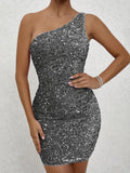 Glittering Sequined One Shoulder Bodycon Dress - Flattering Slim Fit for Nightlife & Parties - Fashionable Womens Mini Dress