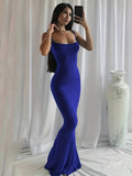 Elegant Solid Color Spaghetti Strap Maxi Mermaid Dress - Soft Micro Elastic Polyester Fabric, Scoop Neck, Bodycon Silhouette, Machine Washable - Comfortable Womens Loungewear for All Seasons