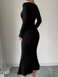 Bodycon Square Neck Mermaid Hem Dress, Elegant Long Sleeve Dress For Spring & Fall, Women's Clothing