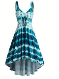 Plus Size Elegant Tie Dye Pencil Dress - V Neck, Asymmetrical Hem, High Stretch, Machine Washable - Perfect for Summer Casual Occasions