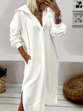 Zjkrl  -  Vibrant Solid Color Split Hem Hooded Dress - Cozy Long Sleeve Plunge Neck Design, Soft Casual Wear for Fall and Winter Seasons, Women's Stylish Clothing for Daily Life