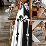 Zjkrl  -  Vibrant Color Block Skeleton Print Spaghetti Strap Cami Dress - Women's Sleeveless Casual Dresses with Relaxed Fit and V-Neckline - Perfect for Summer and Outdoor Activities