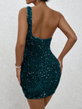 Glittering Sequined One Shoulder Bodycon Dress - Flattering Slim Fit for Nightlife & Parties - Fashionable Womens Mini Dress