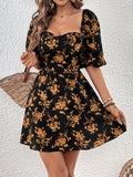 Charming Floral Print Dress with Sweetheart Neckline - Voluminous Puff Sleeves for Spring & Summer Elegance - Womens Casual to Formal Wear