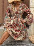 Vibrant Paisley Print V Neck A-Line Dress - Women's Elegant Vacation Dresses with Layered Sleeves