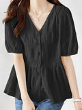 Chic V-Neck Short Sleeve Blouse - Solid Color, Polyester, Machine Washable - Perfect for Spring & Summer