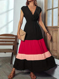 Zjkrl  -  Vibrant Color Block Surplice Neck Maxi Dress - Elegant Sleeveless A-Line Silhouette, Micro Elasticity, Polyester Fabric, Solid Color, Summer Essential - Womens Elegant Clothing for Special Occasions