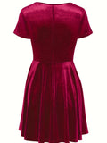 Elegant Velvet Dress - Fitted Solid Waist, Ruffled Hem, Short Sleeves, Classic Crew Neck - Exuding Sophistication, Designed for Womens Clothing