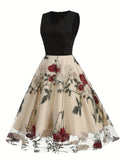 Adult Women's All-Season Vintage Floral Print Embroidered V-Neck Polyester Blouse Dress