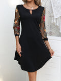 Zjkrl  -  Three-quarter Illusion Sleeve Floral Dress, Casual Keyhole Crew Neck Loose Dress, Women's Clothing