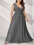 Plus Size Sparkling V-neck Formal Dress - Elegant Sleeveless A-line Ball Gown for Party, Banquet, and Special Occasions, Women's Plus Size Clothing with Glamorous Details