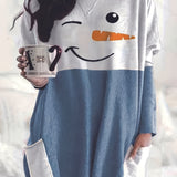Zjkrl  -  Plus Size Christmas Dress - Adorable Festive Snowman Print Long Sleeve Round Neck Tee Dress with Convenient Pockets for Curvy Women