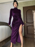 Chic Ruched Split Thigh Dress - High Collar, Long Sleeve, Solid Hue, Elegant Party Wear for Women - Fashionable & Form-Fitting