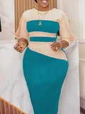 Zjkrl  -  Fashion-Forward Color Block Midi Dress - Versatile Crew Neck Bodycon Style - Perfect for Modern Womens Wardrobe