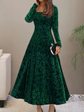 Floral Pattern Square Neck Velvet Dress, Elegant Long Sleeve Aline Swing Dress For Spring & Fall, Women's Clothing