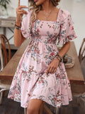 Charming Floral Print Dress with Adjustable Shirred Waist - Chic Short Sleeve Square Neck Design for Women - Perfect Casual Style