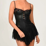 Zjkrl - Sexy Solid White Stitching Lace Bra Corset style Spaghetti Strap Mini Dress Women Backless Party Skater Short Sling Robe
