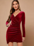 Luxurious Velvet Bodycon Mini Dress for Women - Elegant Dresses with V-Neck, Long Sleeve, Surplice Detail, Machine Washable, and Comfortable Fit for a Night Out