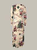 Festive Santa Print Maxi Dress for Women - Soft Casual Crew Neck Long Sleeve Dress with Relaxed Fit - Perfect for Holiday Parties and Everyday Wear