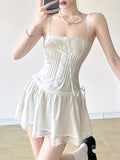 Mini Cami Dress with Contrast Lace and Bow Decor - Spaghetti Strap, Polyester, Micro Elasticity, Machine Washable - Perfect for Spring and Summer, Asian Style, All-Season Wear
