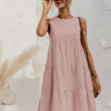 Zjkrl  -  Chic Solid Tiered Keyhole Back Tank Dress - Women's Vacation Sleeveless Crew Neck Loose Fit Dresses for Summer - Comfy Relaxed Style for Beach, Outdoor Activities